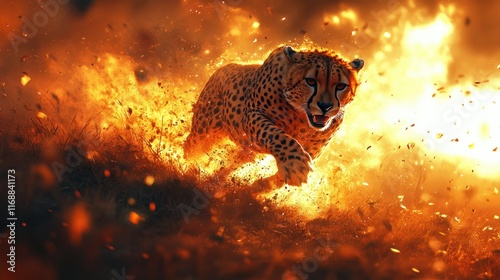 Fiery cheetah running through flames.
