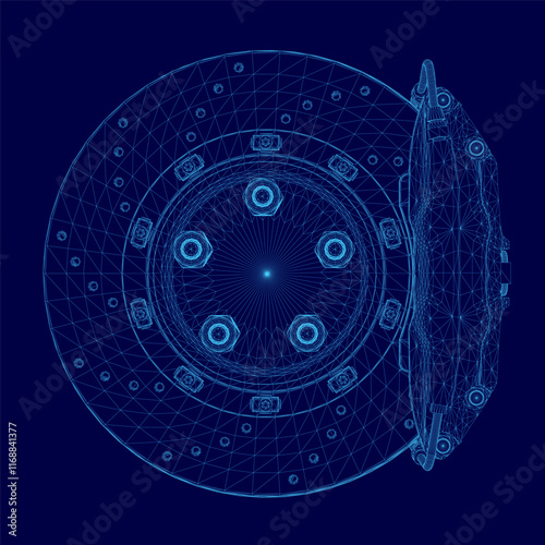Blue image of a wheel with a blue background. The wheel is a close up of a car's brake disc