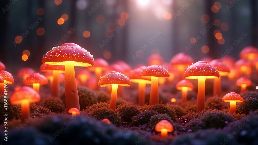 Fototapeta premium Glowing red mushrooms in a mossy forest are suitable for fantasy book covers, nature articles, and mystical themed designs. Ideal for naturethemed designs.