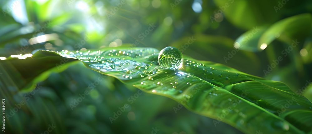Close-Up of Water Droplet on Green Leaf in Lush Tropical Environment with Soft Focus Background Close-Up of Water Droplet on Green Leaf in Lush Tropical Environment with Soft Focus Background