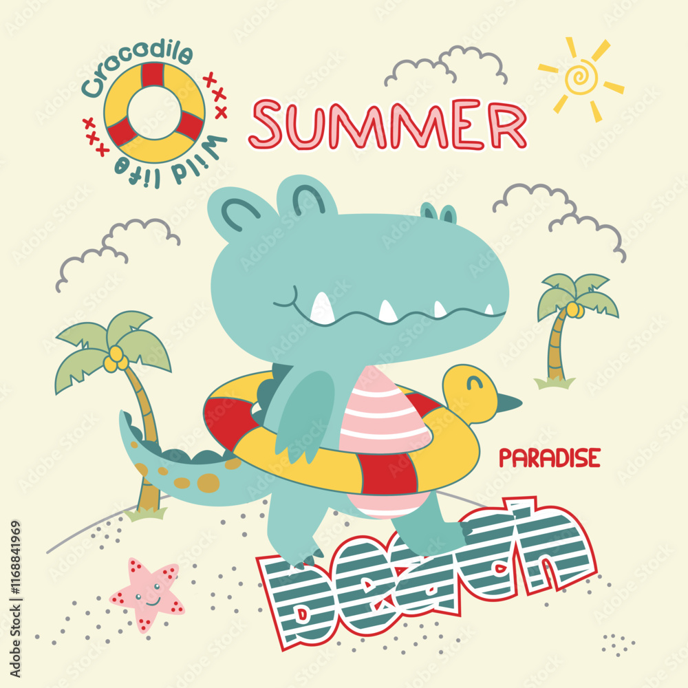 Naklejka premium Adorable crocodile vector ready to swim at the beach with a colorful buoy.