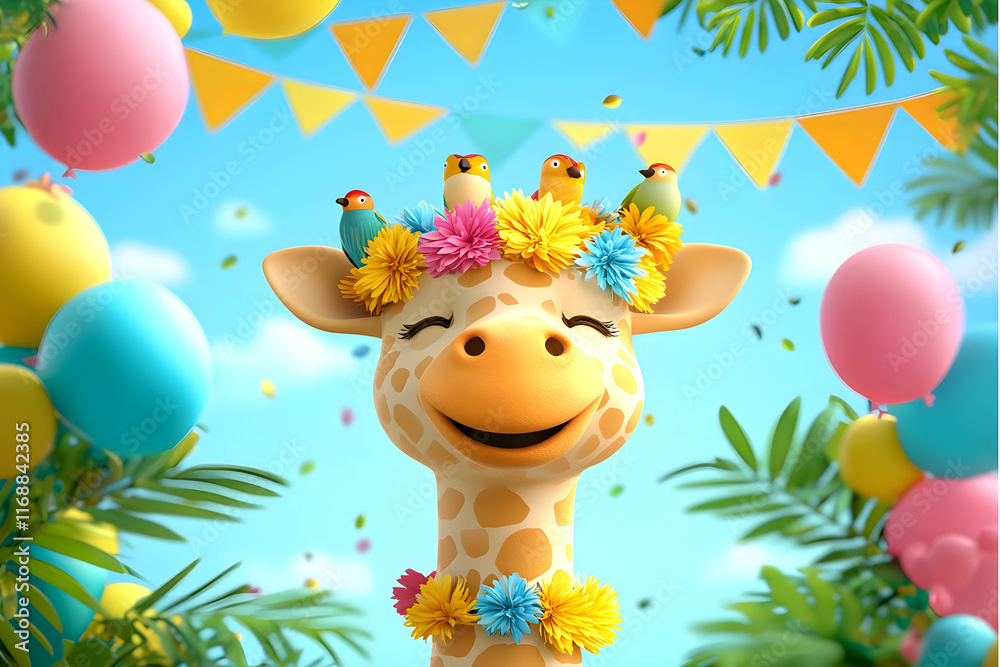 Naklejka premium Joyful cartoon giraffe with flowers and birds celebrating a festive occasion in a bright, cheerful environment
