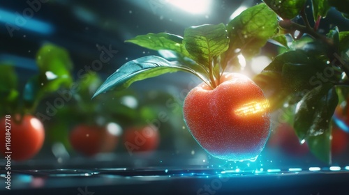 Futuristic orchard with bioelectric fruits and digital holograms. Generative AI photo