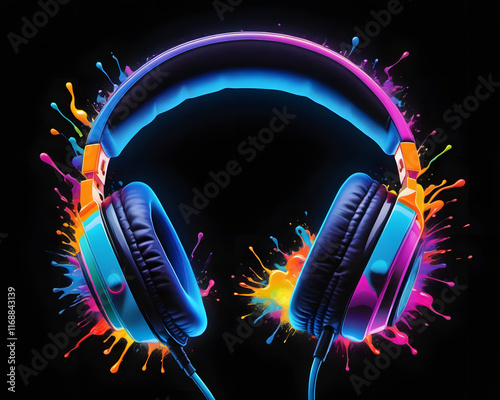 Headphones in splash art, grafitti art,  colorful, neon