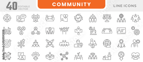 Community line icon set. Containing conference, business meeting, classroom, team, interviews, cooperation, group, people, organization, collaboration line icon set. Ui thin line icon pack.
