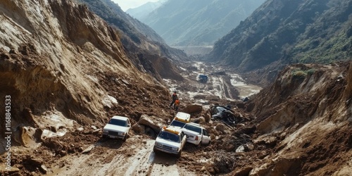 A landslide collapsing a mountainside onto a rural road, burying vehicles and leaving rescue workers scrambling to clear the rubble