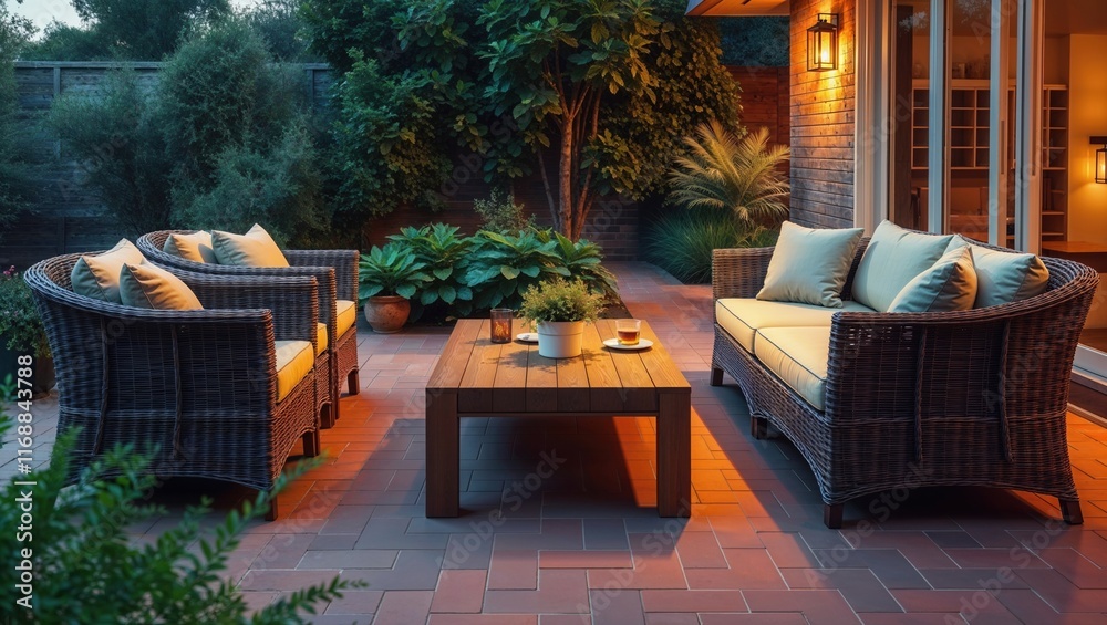 Cozy outdoor seating area with a table illuminated by warm evening light in a lush garden setting Cozy outdoor seating area with a table illuminated by warm evening light in a lush garden setting