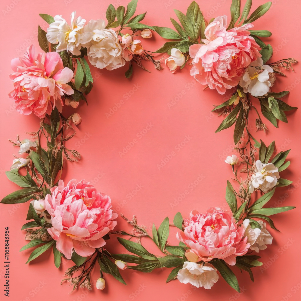 Elegant Coral Peony and Greenery Frame with Empty Space for Your Text Elegant Coral Peony and Greenery Frame with Empty Space for Your Text