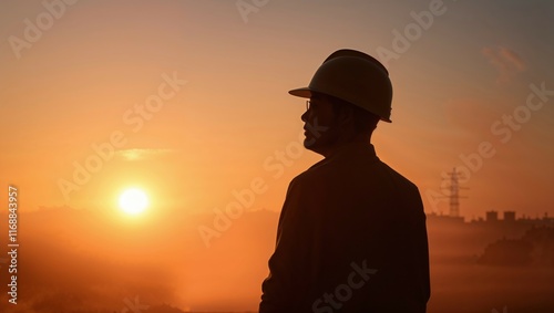 Construction worker observing sunset over a city skyline with a safety helmet photo