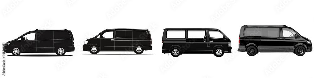 Illustrative lineup of various black vans showcasing different designs, styles, and sizes for transport solutions