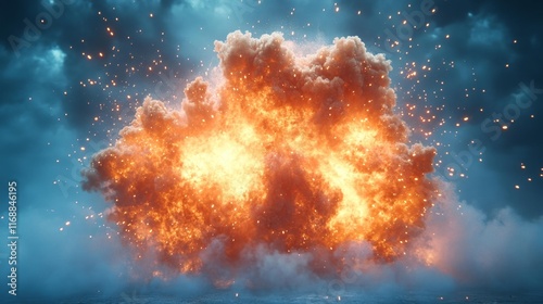 Dramatic Fiery Explosion Against Blue Sky. Generative AI photo