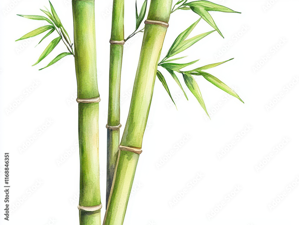 Obraz premium Watercolor bamboo tree with vibrant green stalks and leaves