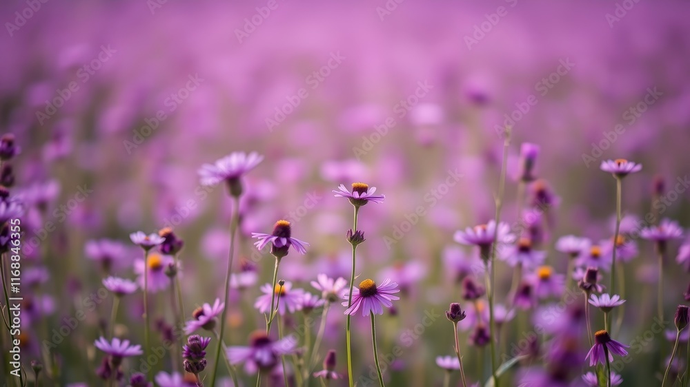 Serene Meadow of Delicate Purple Wildflowers in Soft Focus Serene Meadow of Delicate Purple Wildflowers in Soft Focus