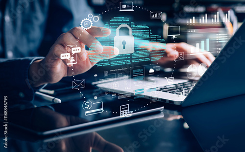 Cybersecurity surrounded by digital data and interface elements.technology secure communication, data encryption.digital security privacy,cloud technology