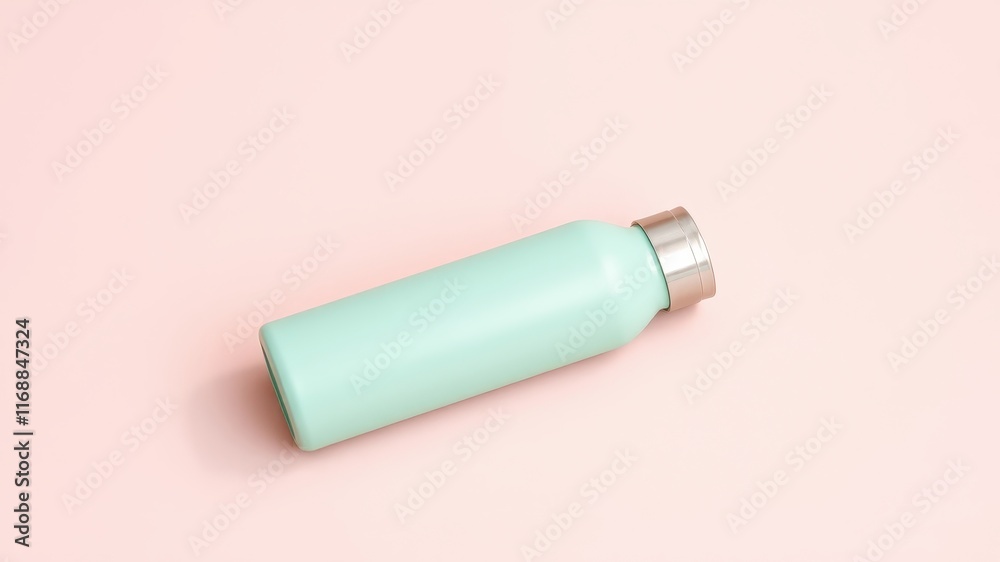 A stylish mint green water bottle with a silver lid rests on a pale pink background A stylish mint green water bottle with a silver lid rests on a pale pink background