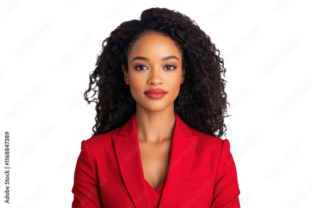 Confident woman in a red blazer, looking at the camera, isolated on transparent background Confident woman in a red blazer, looking at the camera, isolated on transparent background