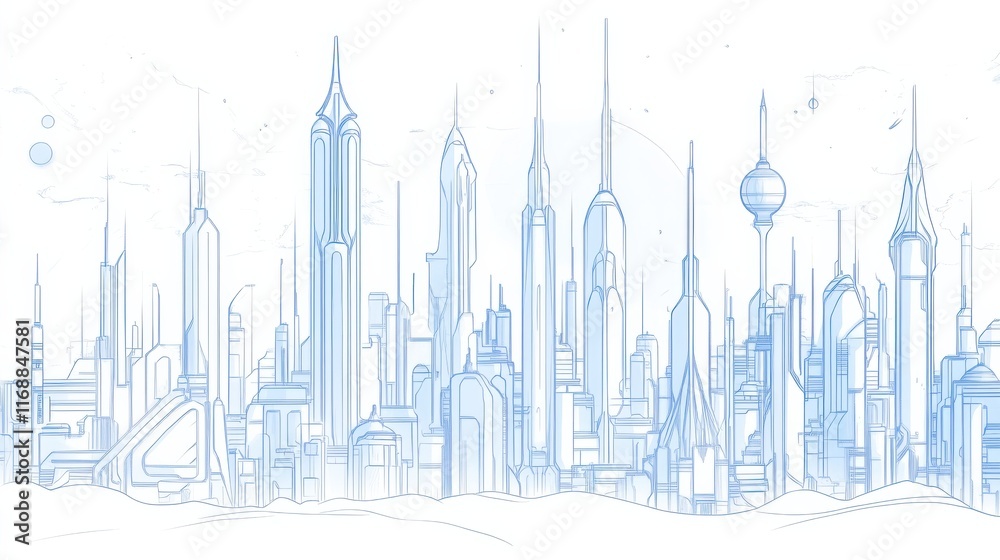 Naklejka premium A line drawing of a futuristic cityscape with towering spires
