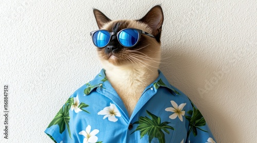 Cat in sunglasses wearing hawaiian shirt beach scene fun image summer vibe playful concept photo