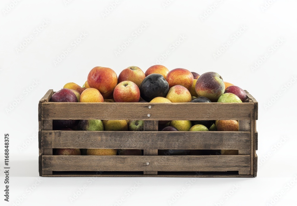 Freshly Harvested Fruits in a Rustic Wooden Crate Displaying a Variety of Apples, Pears, and Plums Against a Neutral Background