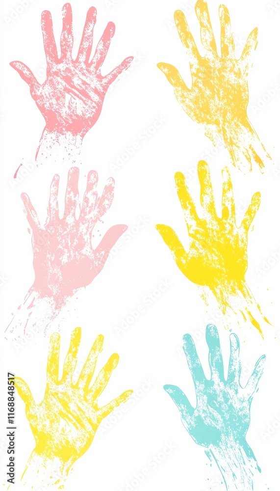 Fototapeta premium Pastel Handprints On White Background, Symbolizing Community, Unity, And Social Connection