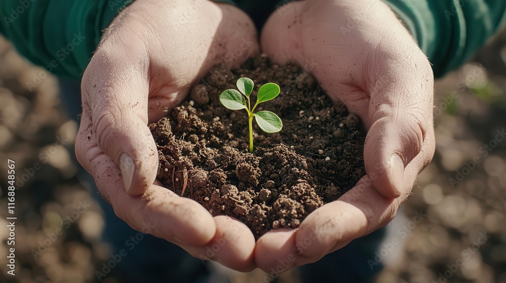 A pair of hands gently cradling a tiny sprout in rich soil, embodying care and growth, patience, calm, mindfulness A pair of hands gently cradling a tiny sprout in rich soil, embodying care and growth, patience, calm, mindfulness