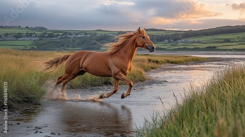 Golden horse galloping through shallow stream at sunset. photo