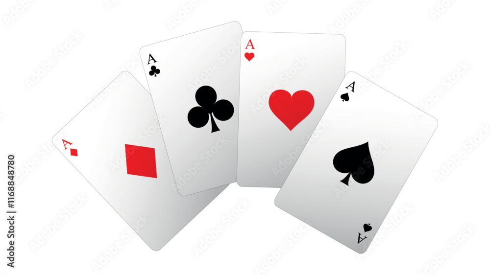 Four playing cards. Playing card suits icon set. Vector isolated on white.
Four playing cards. Playing card suits icon set. Vector isolated on white.