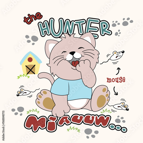 Cute cat hunting a mouse and laughing happily in a playful vector illustration