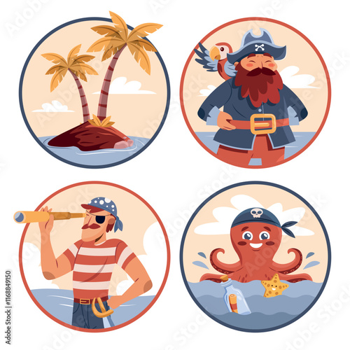 Hand drawn flat pirates mini composition set collection