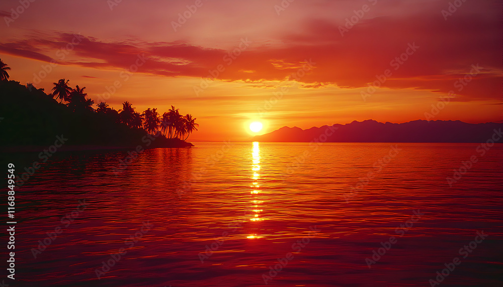 Fototapeta premium Fiery sunset over tranquil ocean, silhouetted palm trees on shore, dramatic sky. Perfect for travel, vacation, or relaxation themes.