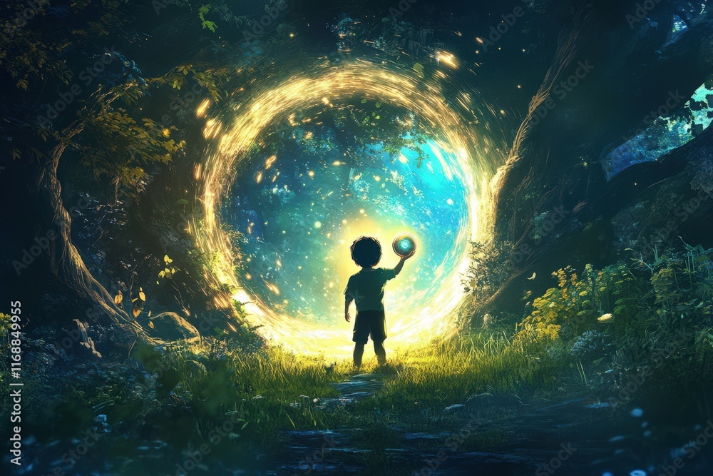 Fototapeta premium Young Boy Encounters Magical Portal In Enchanting Forest