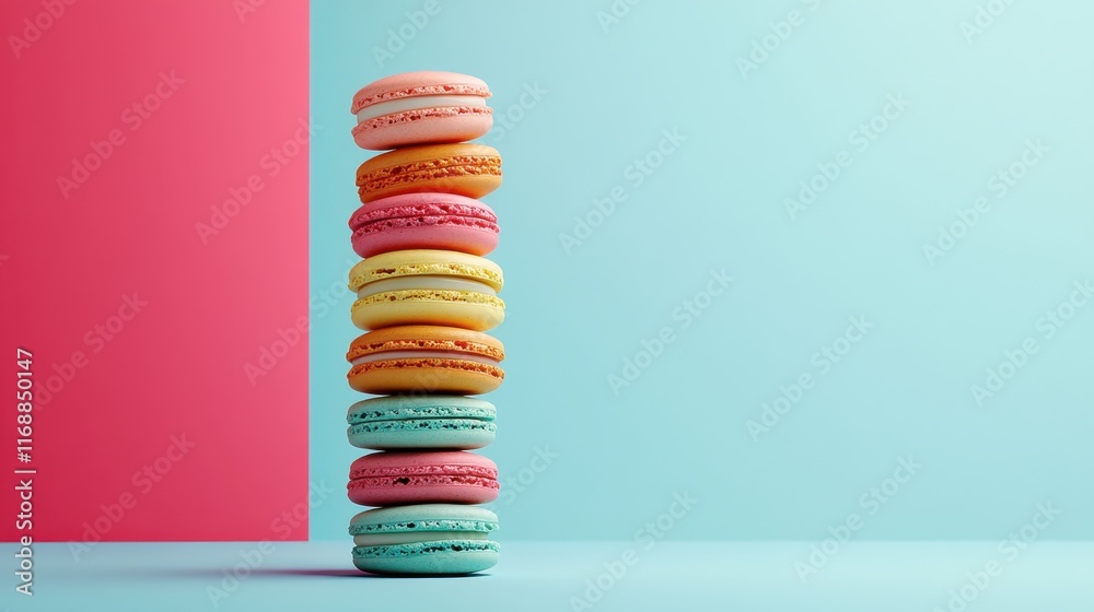 A vivid image of colorful macarons arranged in a perfect stack A vivid image of colorful macarons arranged in a perfect stack