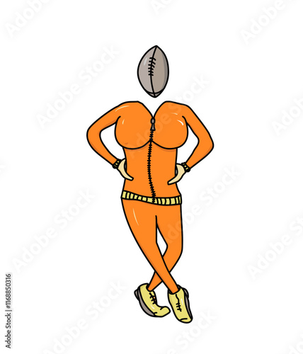  athletic woman with a head in the shape of a rugby ball