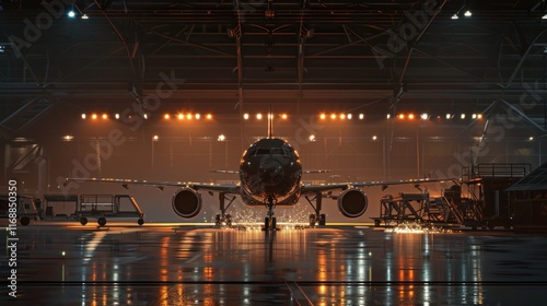 A nighttime airplane hangar illuminated with moody lighting, a single plane undergoing maintenance with sparks flying, detailed textures on the aircraft body, and realistic shadows