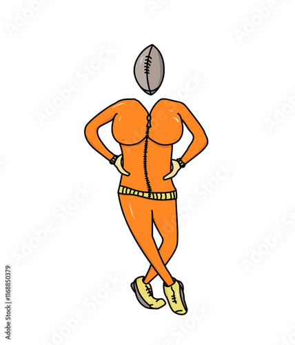  athletic woman with a head in the shape of a rugby ball
