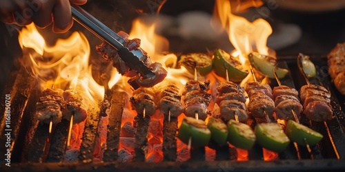 A person grilling on an outdoor grill, using tongs to place kebabs and grilled vegetables onto the flames of their barbecue equipment