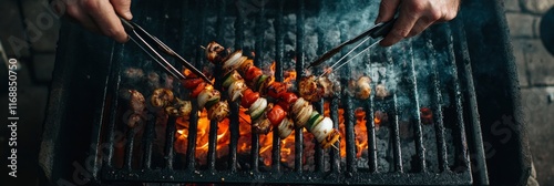 A person grilling on an outdoor grill, using tongs to place kebabs and grilled vegetables onto the flames of their barbecue equipment