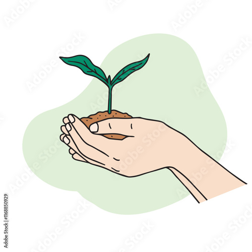 This is a hand motion illustration of holding a sprout in the soil with both hands. It's a hand-drawn vector element.
