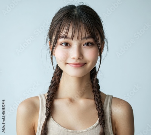 A young Asian woman with Braided Hairstyle poses in a bikini against a white background. Her stylish swimwear and natural beauty are highlighted by the simplicity of the scene. photo