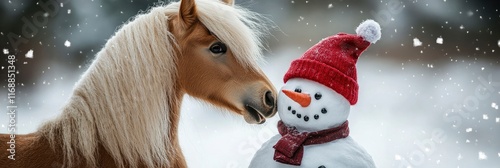 a cute pony kissing a snowman wearing a red hat on winter landscape background