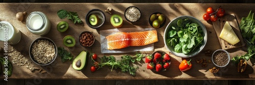 various healthy foods, including fish and vegetables, on the table with milk in glass bottle on wooden table, including salmon fillet, kiwi fruit, carrot, tomato, green leaves and grain