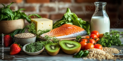 various healthy foods, including fish and vegetables, on the table with milk in glass bottle on wooden table, including salmon fillet, kiwi fruit, carrot, tomato, green leaves and grain