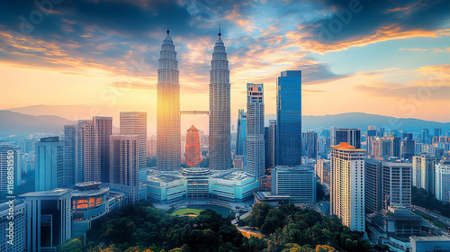 Drone camera view of modern Asian capital city as Kuala Lumpur at sunset, futuristic skyscrapers of financial and business area.