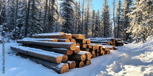 A pile of felled trees in the snow with a forest in the background