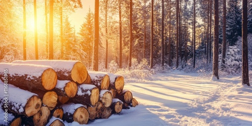 A pile of felled trees in the snow with a forest in the background