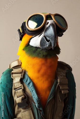 a colorful parrot in a pilot outfit with goggles on blur beige background
