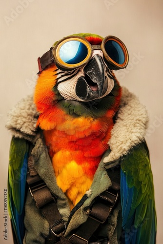 a colorful parrot in a pilot outfit with goggles on blur beige background