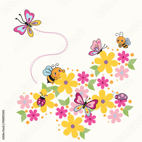 Adorable insect vector illustration enjoying vibrant and beautiful flowers in a cheerful, nature-inspired design photo