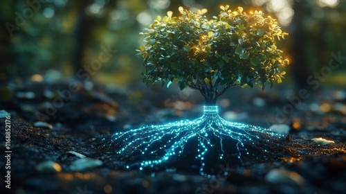 Futuristic Smart Orchard with Glowing Optical Fiber Roots. Generative AI photo