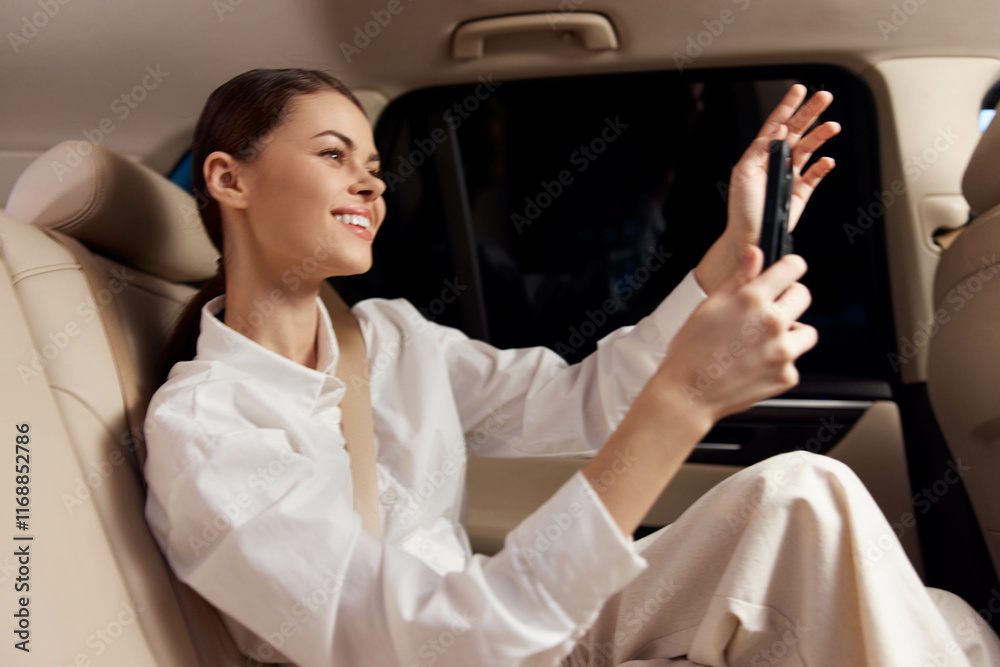 Woman, car, back seat, phone a woman is sitting in the back seat of a car, holding a cell phone up to her face, and looking directly at the camera, creating an intimate and connected atmosphere Woman, car, back seat, phone a woman is sitting in the back seat of a car, holding a cell phone up to her face, and looking directly at the camera, creating an intimate and connected atmosphere
